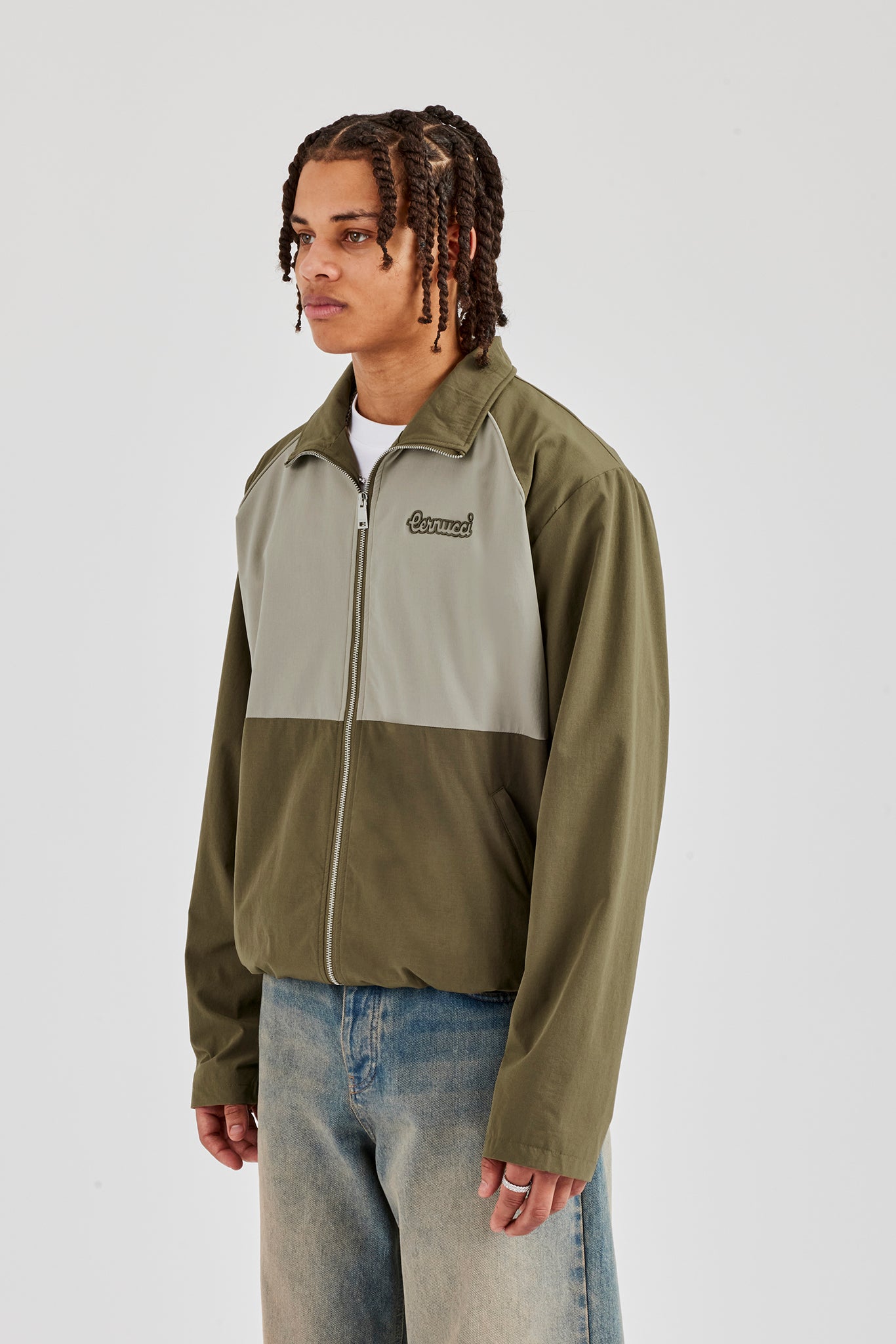 Nylon Panel Funnel Neck Track Jacket - Khaki